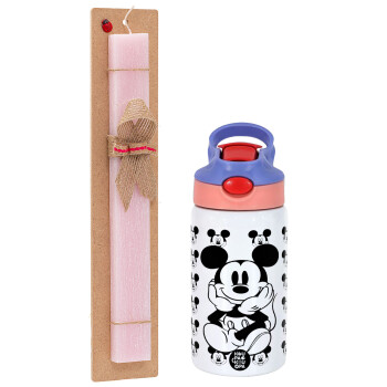 Mickey, Πασχαλινό Σετ, Παιδικό παγούρι θερμό, ανοξείδωτο, με καλαμάκι ασφαλείας, ροζ/μωβ (350ml) & πασχαλινή λαμπάδα αρωματική πλακέ (30cm) (ΡΟΖ)