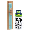 Easter Set, Children's thermal stainless steel bottle with safety straw, green/blue (350ml) & aromatic flat Easter candle (30cm) (TURQUOISE)