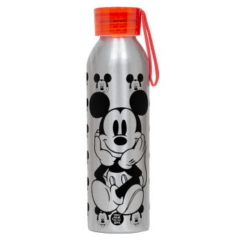 Mickey, Αλουμινένιο Αθλητικό Μπουκάλι 650ml – Ασημί με Κόκκινο Καπάκι και Λουράκι Σιλικόνης