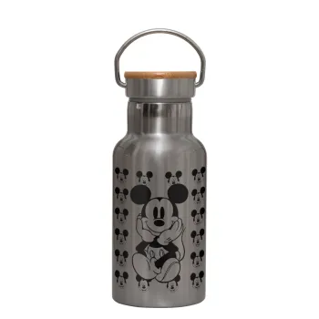 Mickey, Stainless steel metallic thermos flask, silver with a bamboo lid, double-walled, 350ml.
