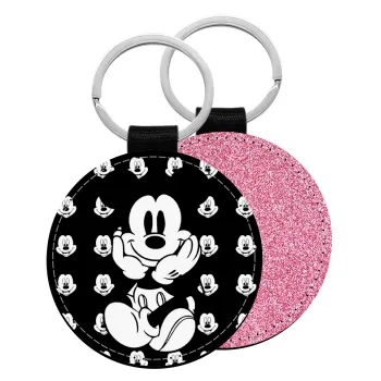 Mickey, Μπρελόκ Δερματίνη, στρογγυλό ΡΟΖ (5cm)