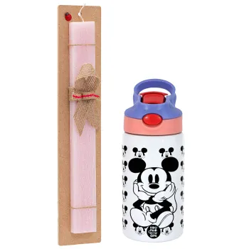 Mickey, Easter Set, Children's thermal stainless steel water bottle with safety straw, pink/purple (350ml) & Easter scented flat candle (30cm) (PINK)