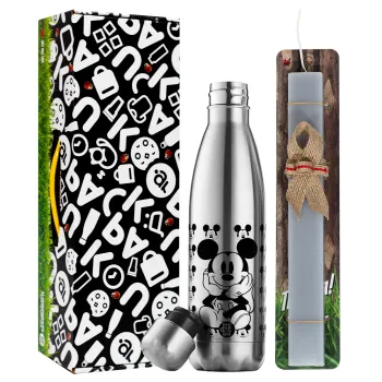 Mickey, Easter Set, metallic stainless thermos flask (500ml) & scented flat Easter candle (30cm) (GRAY)
