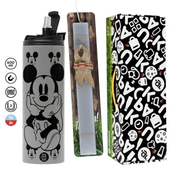 Mickey, Πασχαλινή Λαμπάδα με Travel Tumbler θερμό (600ml, BPA free) & κερί αρωματικό πλακέ (30cm) (ΓΚΡΙ)