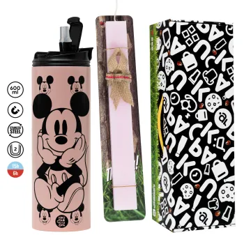 Mickey, Πασχαλινή Λαμπάδα με  ΡΟΖ Travel Tumbler θερμό (600ml, BPA free) & κερί αρωματικό πλακέ (30cm) (ΡΟΖ)