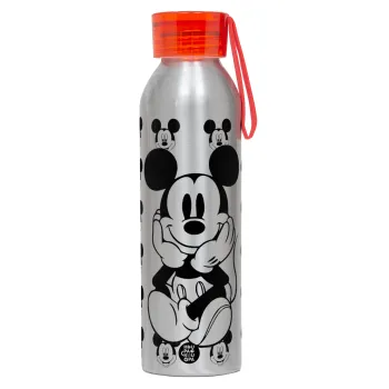 Mickey, Αλουμινένιο Αθλητικό Μπουκάλι 650ml – Ασημί με Κόκκινο Καπάκι και Λουράκι Σιλικόνης