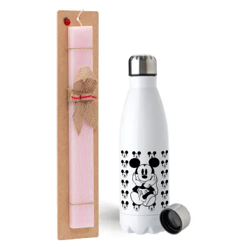 Mickey, Easter Set, metallic stainless steel water bottle (750ml) & scented flat Easter candle (30cm) (PINK)