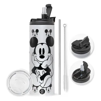 Mickey, Travel Tumbler θερμό με διπλό καπάκι, μεταλλικό καλαμάκι και βούρτσα καθαρισμού (Ανωξείδωτο 304 Food grade, BPA free, 600ml)