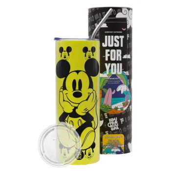 Mickey, Neon Yellow Travel Tumbler θερμό, μεταλλικό καλαμάκι(Ανωξείδωτο 304 Food grade, BPA free, 600ml)