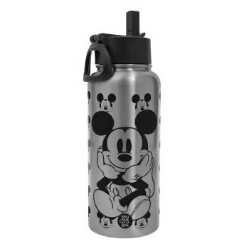 Mickey, Μεταλλικό παγούρι θερμός Silver με καλαμάκι και χερούλι (Stainless steel), διπλού τοιχώματος, 950ml