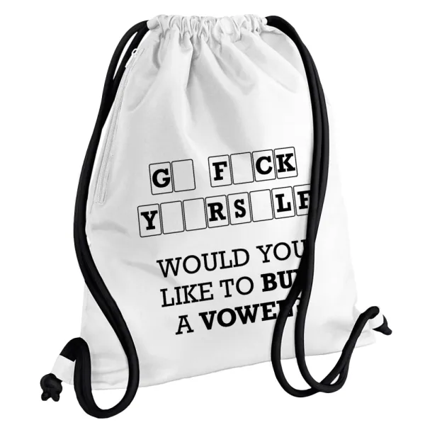 Wheel of fortune — Backpack pouch GYMBAG white, with pocket (40x48cm) & thick cords