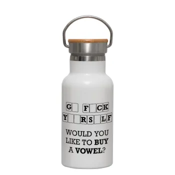 Wheel of fortune, go f..k yourself, Μεταλλικό παγούρι θερμός (Stainless steel) Λευκό με ξύλινο καπακι (bamboo), διπλού τοιχώματος, 350ml