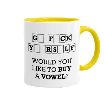 Wheel of fortune, go f..k yourself, Κούπα χρωματιστή κίτρινη, κεραμική, 330ml