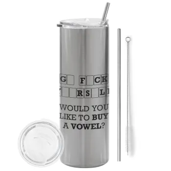 Wheel of fortune, go f..k yourself, Tumbler ποτήρι θερμό Ασημένιο από ανοξείδωτο ατσάλι 600ml, με μεταλλικό καλαμάκι & βούρτσα καθαρισμού