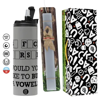 Wheel of fortune, go f..k yourself, Πασχαλινή Λαμπάδα με Travel Tumbler θερμό (600ml, BPA free) & κερί αρωματικό πλακέ (30cm) (ΓΚΡΙ)