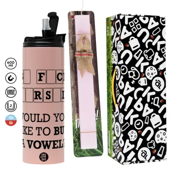Wheel of fortune, go f..k yourself, Πασχαλινή Λαμπάδα με  ΡΟΖ Travel Tumbler θερμό (600ml, BPA free) & κερί αρωματικό πλακέ (30cm) (ΡΟΖ)