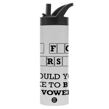 Wheel of fortune, go f..k yourself, Μεταλλικό παγούρι θερμός με καλαμάκι & χειρολαβή, ανοξείδωτο ατσάλι (Stainless steel 304), διπλού τοιχώματος, 600ml