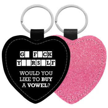 Wheel of fortune, go f..k yourself, Μπρελόκ PU δερμάτινο glitter καρδιά ΡΟΖ