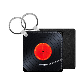 Columbia records bruce springsteen, Μπρελόκ Δερματίνη, τετράγωνο ΜΑΥΡΟ (5x5cm)