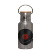 Stainless steel metallic thermos flask, silver with a bamboo lid, double-walled, 350ml.