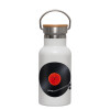 Metallic thermos (Stainless steel) White with wooden lid (bamboo), double-walled, 350ml
