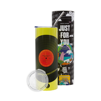Columbia records bruce springsteen, Neon Yellow Travel Tumbler θερμό, μεταλλικό καλαμάκι(Ανωξείδωτο 304 Food grade, BPA free, 600ml)