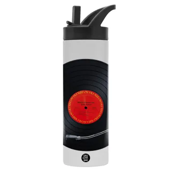 Columbia records bruce springsteen, Μεταλλικό παγούρι θερμός με καλαμάκι & χειρολαβή, ανοξείδωτο ατσάλι (Stainless steel 304), διπλού τοιχώματος, 600ml