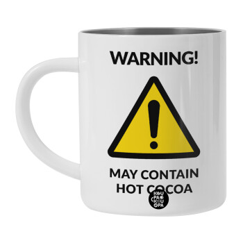 WARNING MAY CONTAIN HOT COCOA MUG PADDINGTON, Λευκή Ανοξείδωτη Μεταλλική Κούπα 450ml - Διπλού Τοιχώματος 