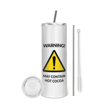 WARNING MAY CONTAIN HOT COCOA MUG PADDINGTON, Eco friendly ποτήρι θερμό (tumbler) από ανοξείδωτο ατσάλι 600ml, με μεταλλικό καλαμάκι & βούρτσα καθαρισμού