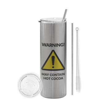 WARNING MAY CONTAIN HOT COCOA MUG PADDINGTON, Eco friendly stainless steel Silver tumbler 600ml, with metal straw & cleaning brush