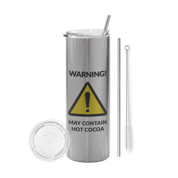 WARNING MAY CONTAIN HOT COCOA MUG PADDINGTON, Tumbler stainless steel Silver 600ml, with metal straw & cleaning brush
