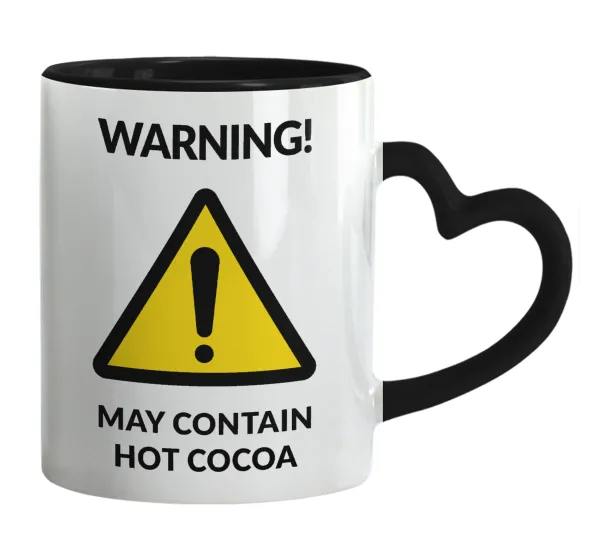 WARNING MAY CONTAIN HOT COCOA MUG PADDINGTON — Κούπα καρδιά χερούλι μαύρη, κεραμική, 330ml