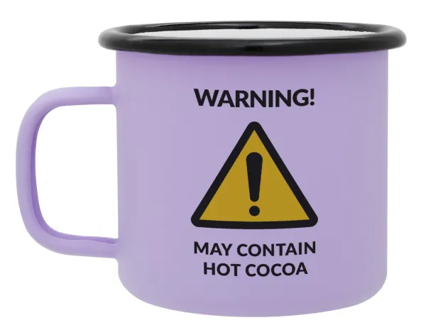 WARNING MAY CONTAIN HOT COCOA MUG PADDINGTON — Metal enamel mug, matte light pastel purple, 360ml