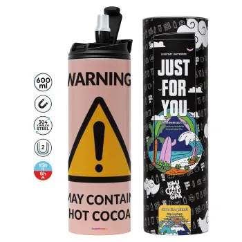 WARNING MAY CONTAIN HOT COCOA MUG PADDINGTON, Tumbler ποτήρι θερμό ΡΟΖ από ανοξείδωτο ατσάλι 600ml
