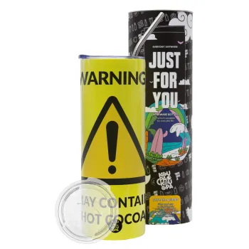 WARNING MAY CONTAIN HOT COCOA MUG PADDINGTON, Neon Yellow Travel Tumbler θερμό, μεταλλικό καλαμάκι(Ανωξείδωτο 304 Food grade, BPA free, 600ml)