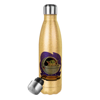 Baby Yoda mandalorian, Glitter gold stainless steel thermos bottle, double-walled, 500ml