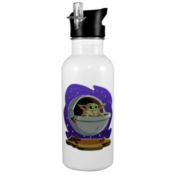 Baby Yoda mandalorian, White water bottle with straw, stainless steel 600ml