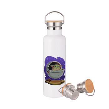 Baby Yoda mandalorian, Stainless steel White with wooden lid (bamboo), double wall, 750ml