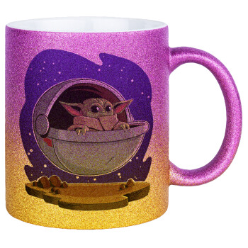 Baby Yoda mandalorian, Κούπα Χρυσή/Ροζ Glitter, κεραμική, 330ml