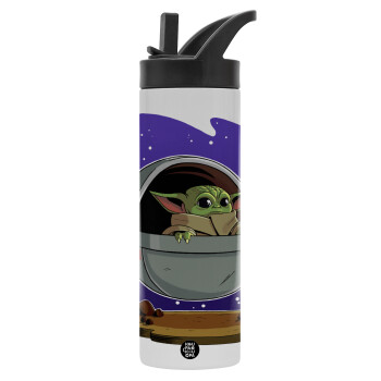 Baby Yoda mandalorian, Metallic thermos bottle with straw & handle, stainless steel (Stainless steel 304), double-walled, 600ml.