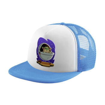 Baby Yoda mandalorian, Child's Soft Trucker Hat with Blue/White Mesh (POLYESTER, CHILD, ONE SIZE)
