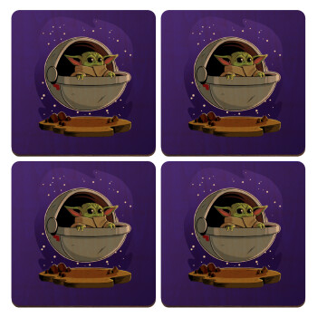 Baby Yoda mandalorian, ΣΕΤ x4 Σουβέρ ξύλινα τετράγωνα plywood (9cm)