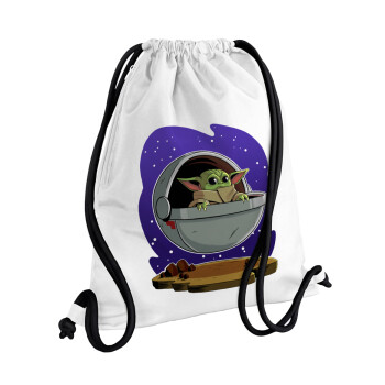 Baby Yoda mandalorian, Τσάντα πλάτης πουγκί GYMBAG λευκή, με τσέπη (40x48cm) & χονδρά κορδόνια