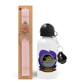 Baby Yoda mandalorian, Easter Set, metallic aluminum bottle (500ml) & aromatic flat Easter candle (30cm) (PINK)
