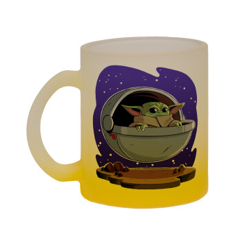 Baby Yoda mandalorian, Κούπα γυάλινη δίχρωμη με βάση το κίτρινο ματ, 330ml