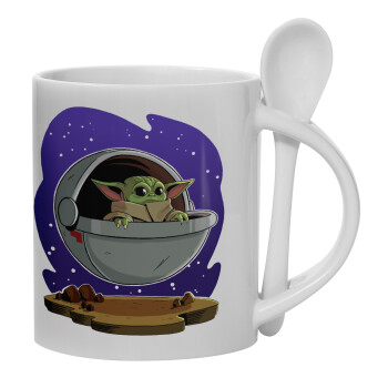 Baby Yoda mandalorian, Ceramic coffee mug with Spoon, 330ml (1pcs)