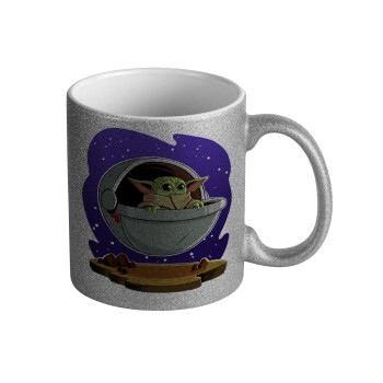 Baby Yoda mandalorian, Κούπα Ασημένια Glitter που γυαλίζει, κεραμική, 330ml