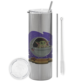 Baby Yoda mandalorian, Eco friendly stainless steel Silver tumbler 600ml, with metal straw & cleaning brush