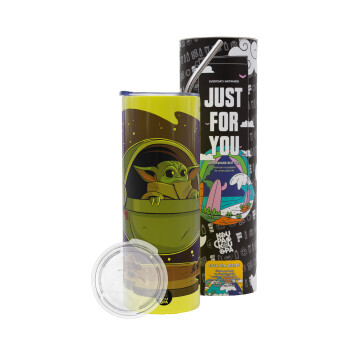 Baby Yoda mandalorian, Neon Yellow Travel Tumbler, with metal straw (Stainless steel 304 Food grade, BPA free, 600ml)