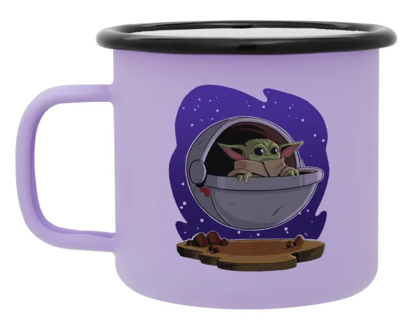 Baby Yoda mandalorian — Metal enamel mug, matte light pastel purple, 360ml